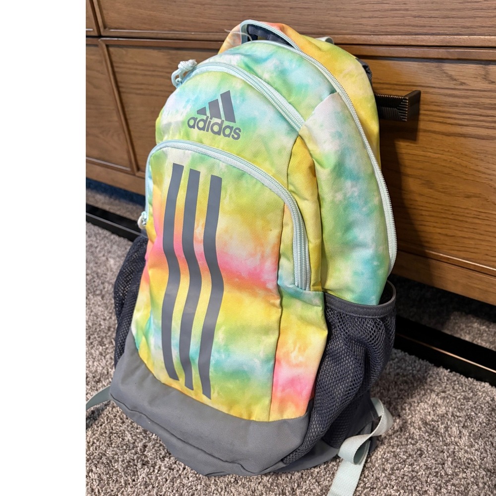 Adidas Rainbow Tie Dye Backpack Grey 3-Stripe School Travel Bag Multicolor